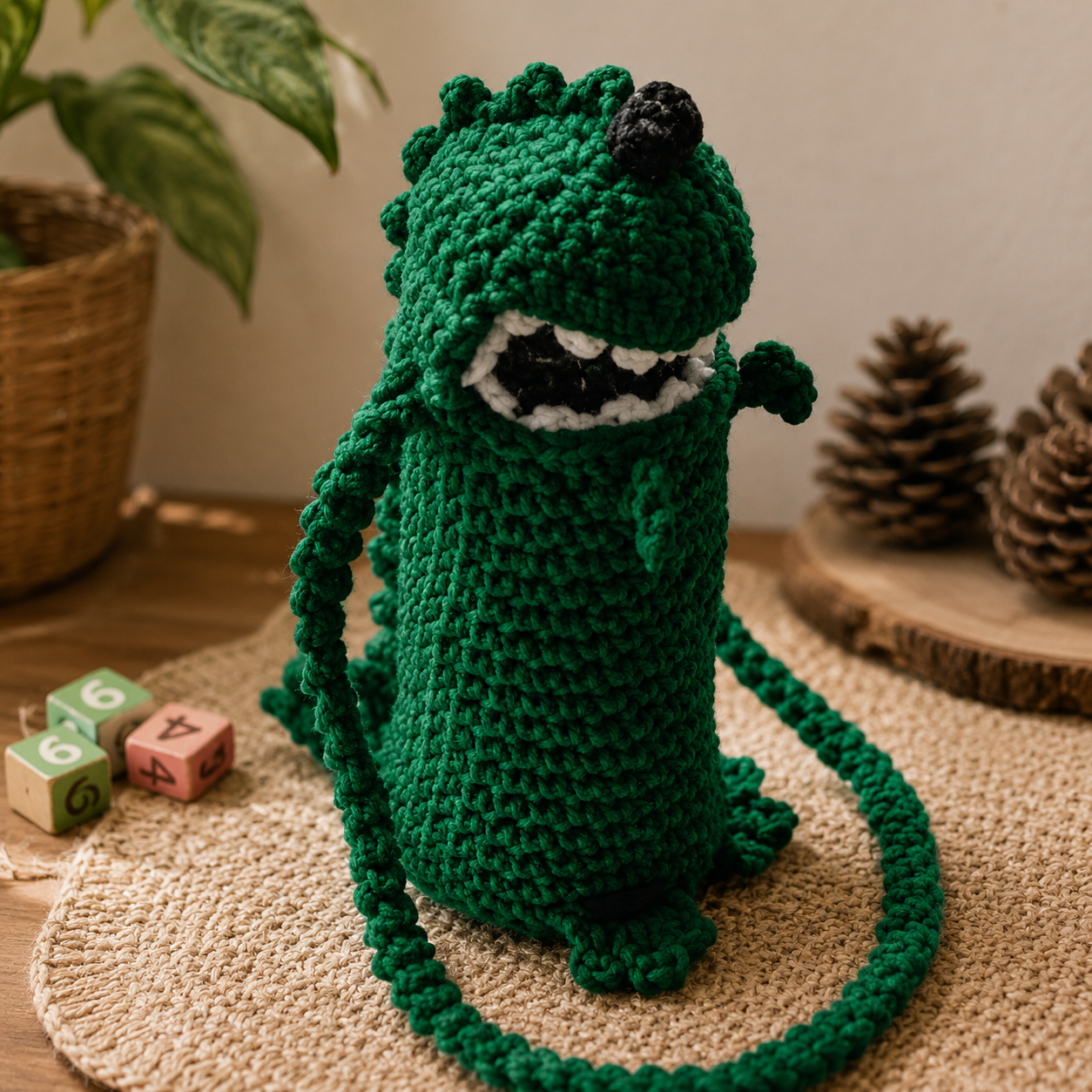 Dino Mighty Crochet Water Bottle Holder – Adjustable Crossbody Strap