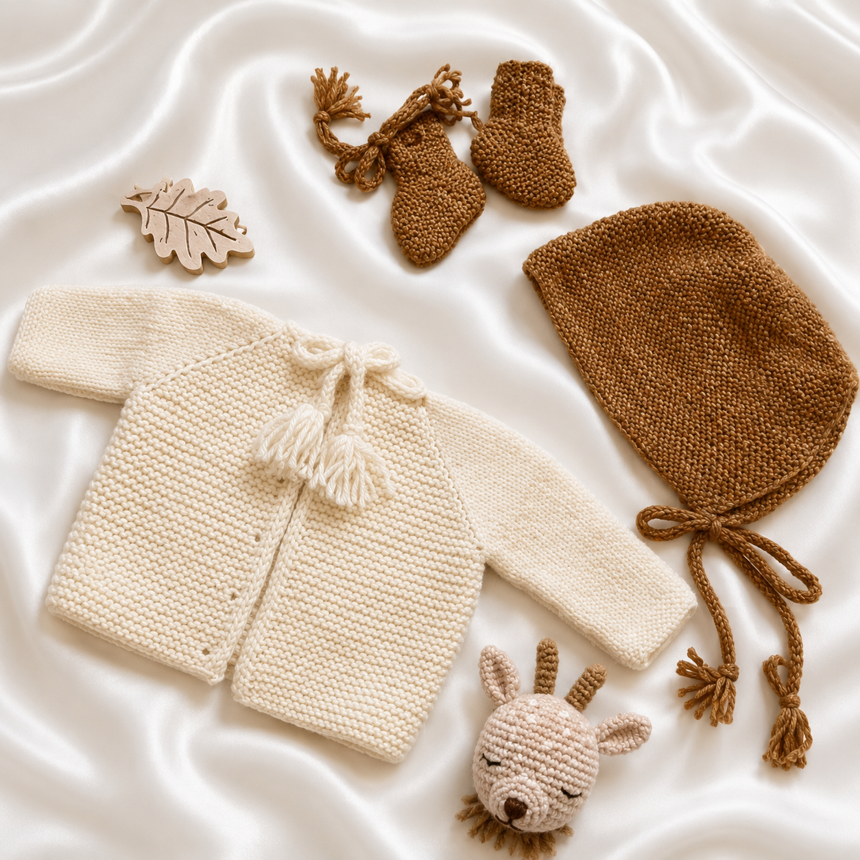 "Biscuit" Mini Knit Baby Set – Cardigan, Bonnet & Booties