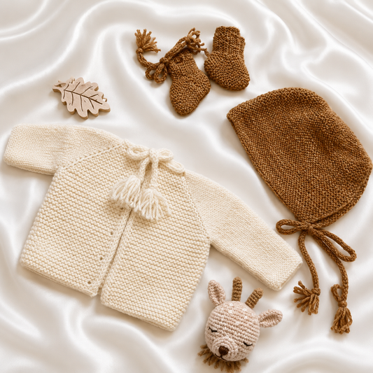 "Biscuit" Mini Knit Baby Set – Cardigan, Bonnet & Booties