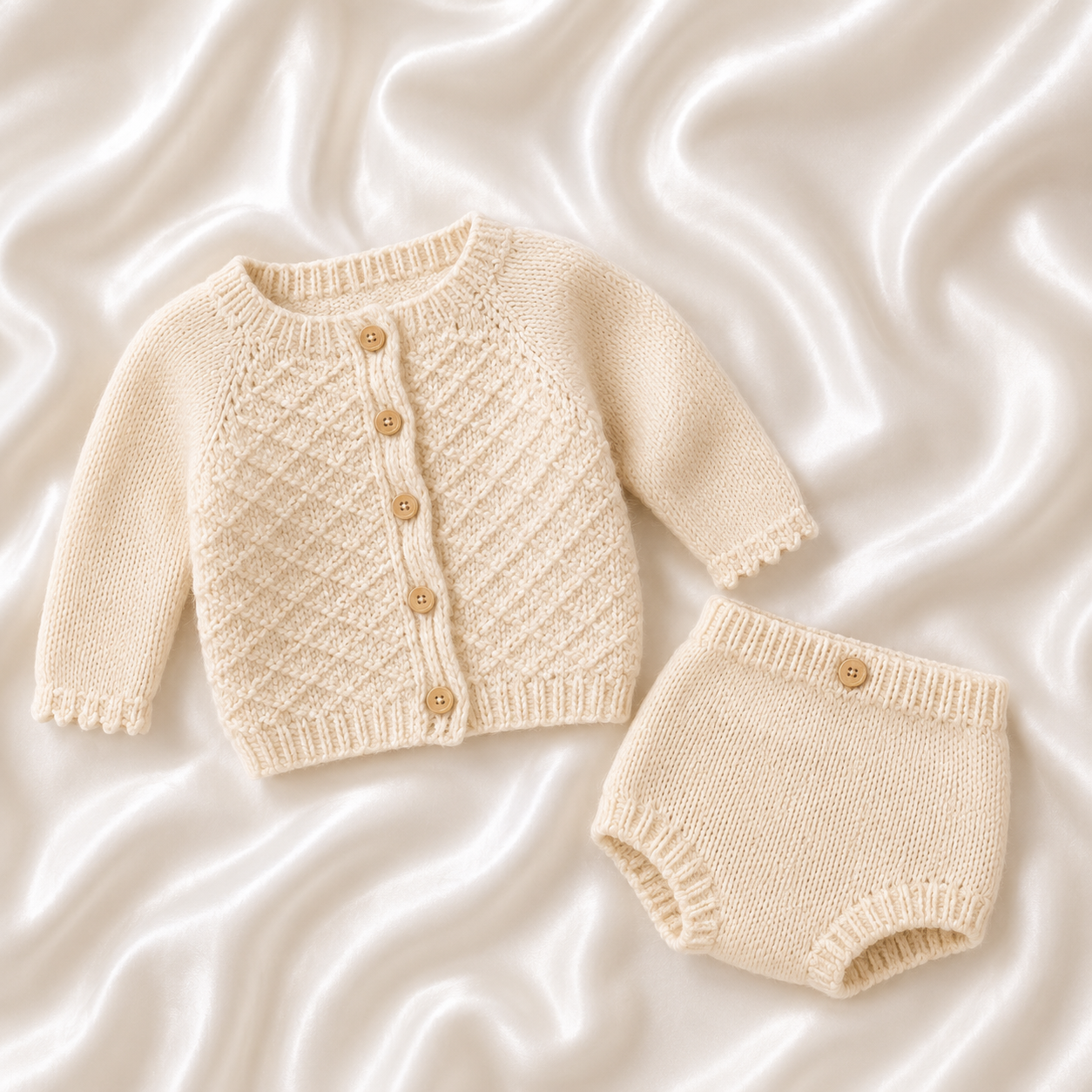 Gaufrette (mini) Set Raglan-Sleeve Cardigan & Bloomer Mini Knit Set