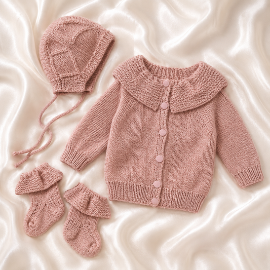 "Charlotte" Mini Knit Baby Set – Raglan Cardigan, Bonnet & Socks
